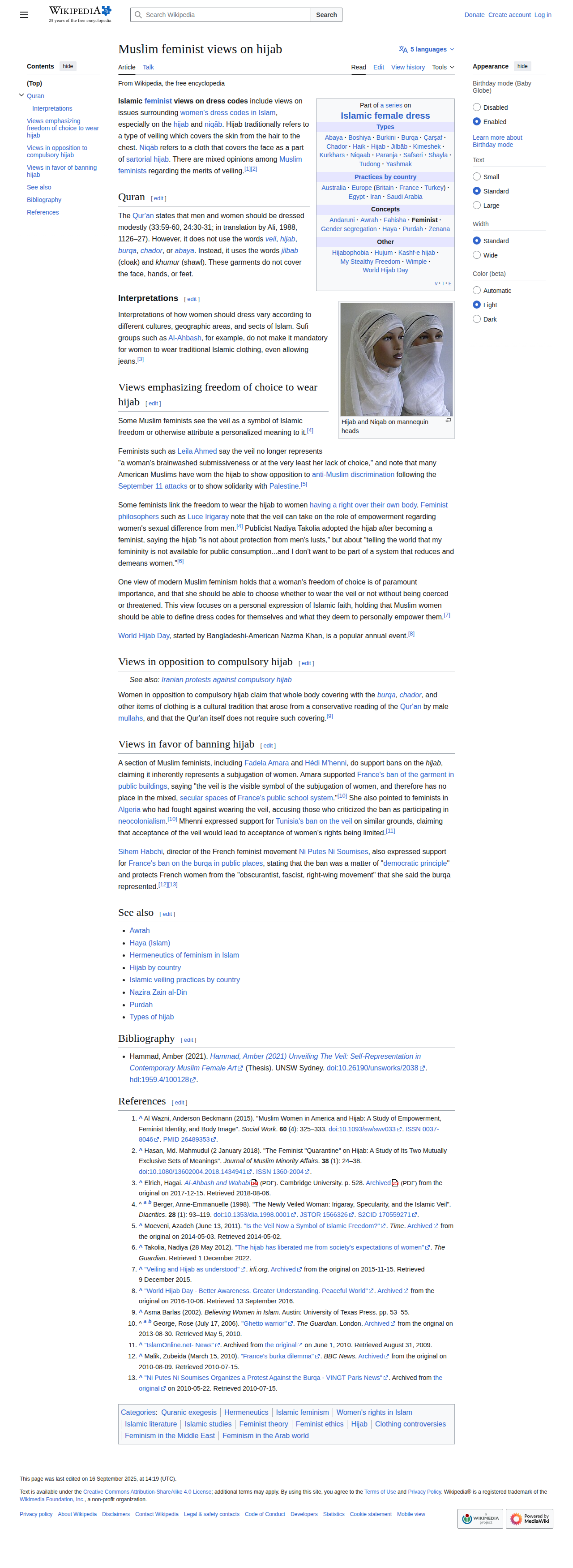 Wikipedia Muslim feminist views screenshot