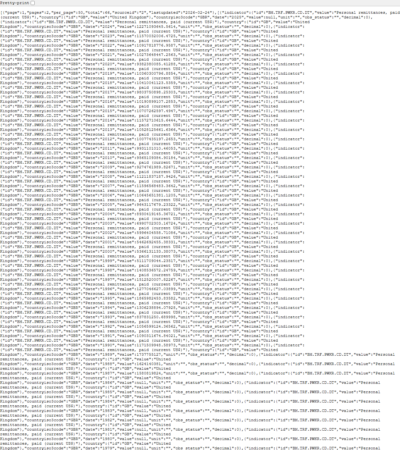 World Bank remittances API screenshot