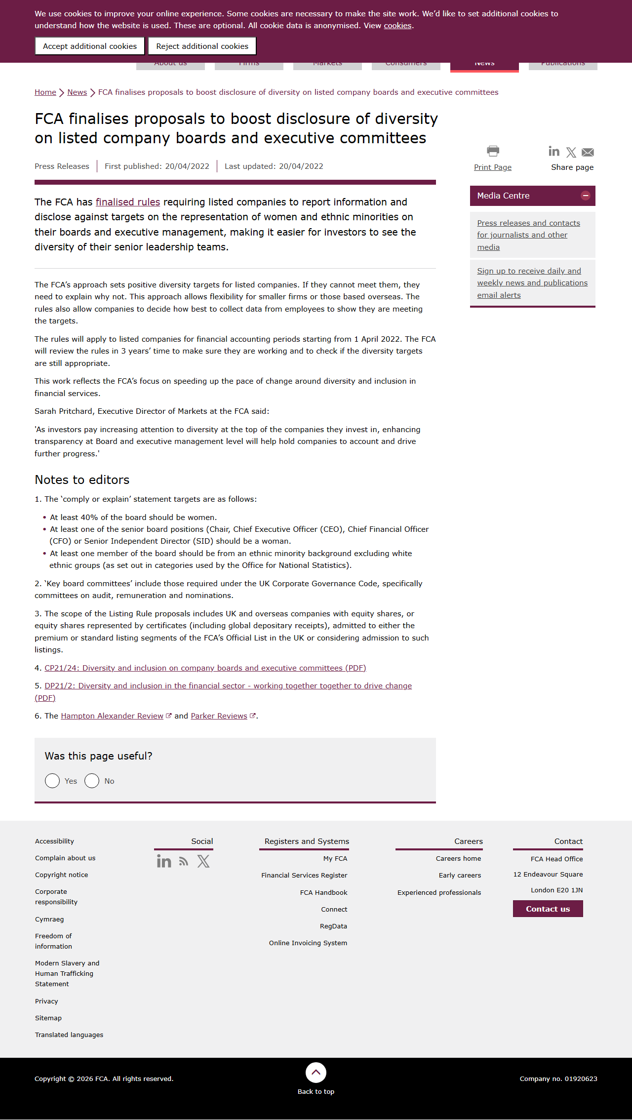 FCA press release screenshot