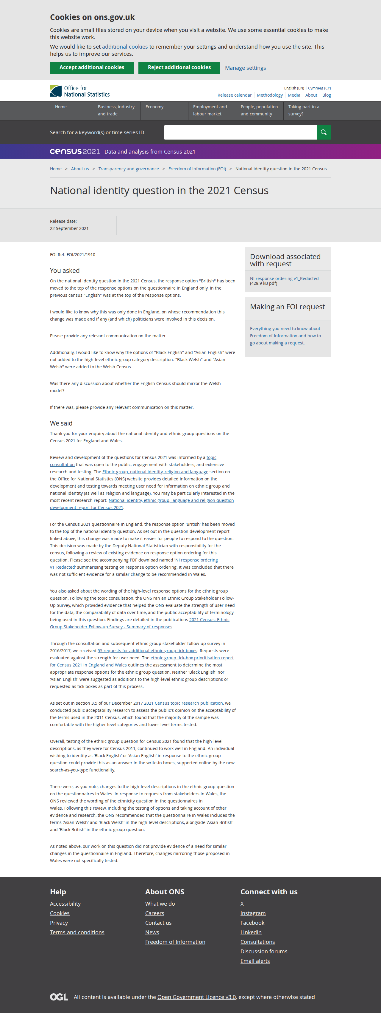 ONS FOI English Census Question