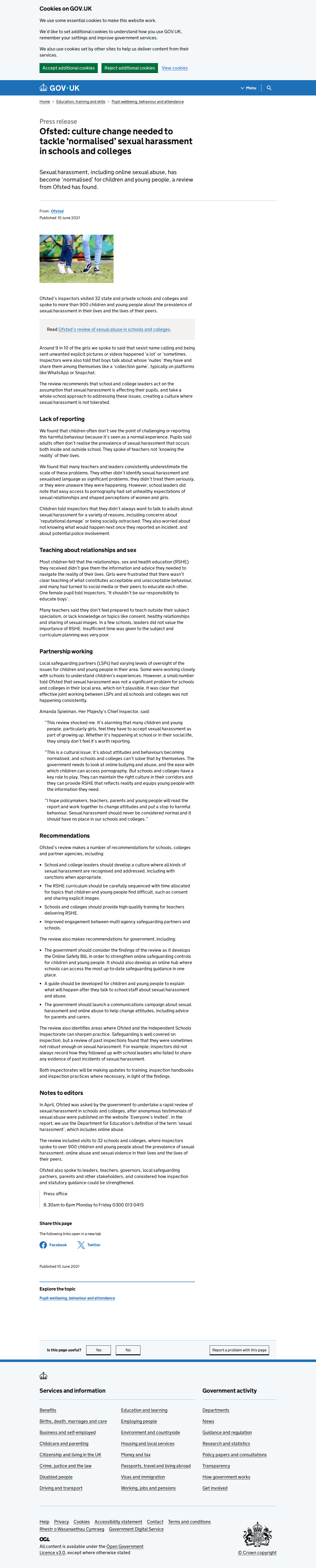 Ofsted Sexual Harassment Schools 2021