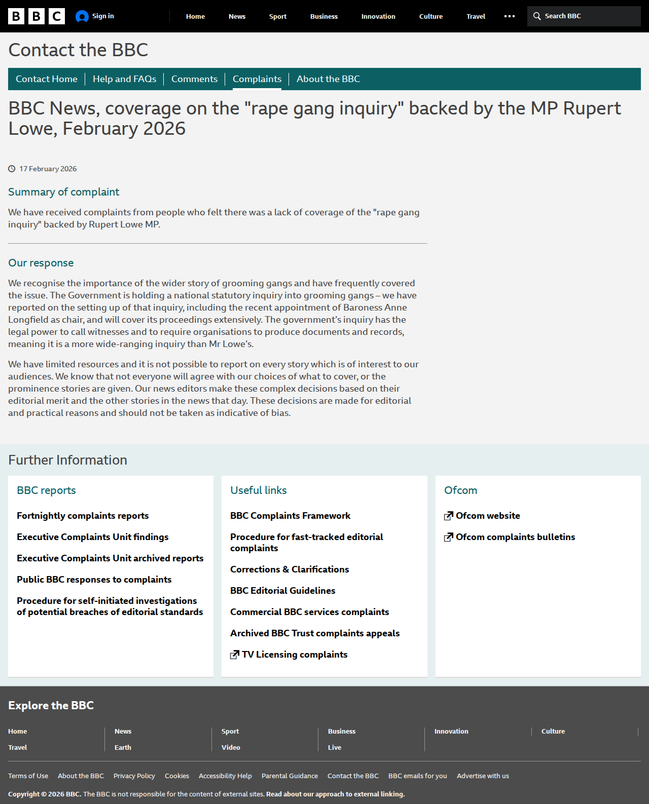 BBC Complaints Response Rupert Lowe Inquiry No Coverage