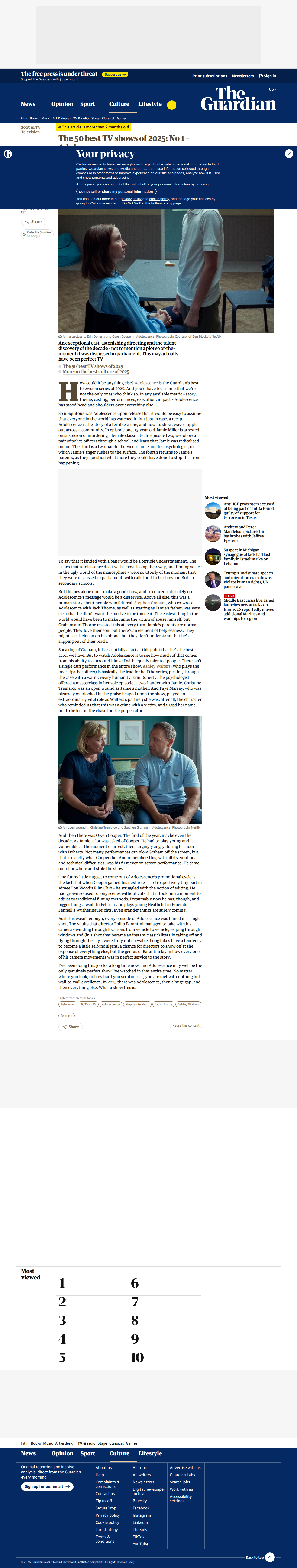 The Guardian — The 50 best TV shows of 2025: No 1 – Adolescence