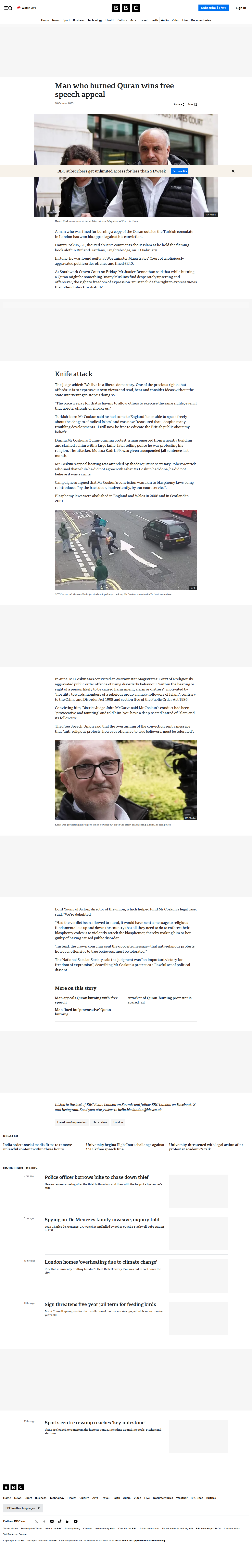 BBC article: Man who burned Quran wins free speech appeal