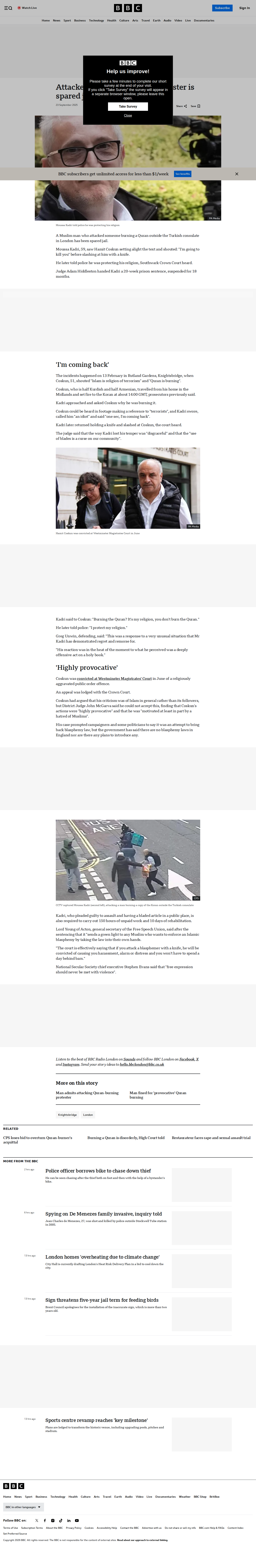 BBC article: Attacker of Quran-burning protester spared jail