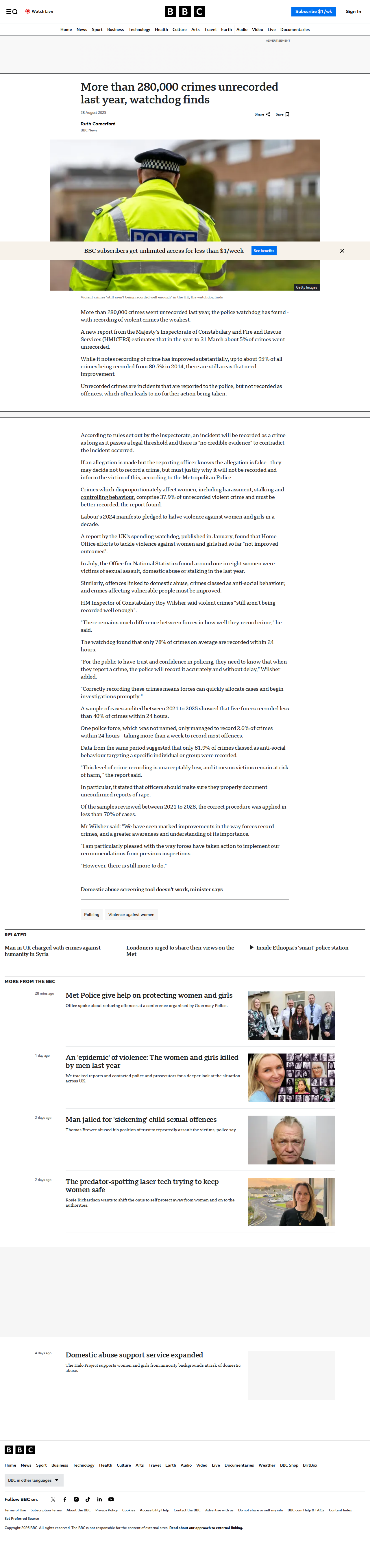 BBC HMICFRS 280k unrecorded crimes