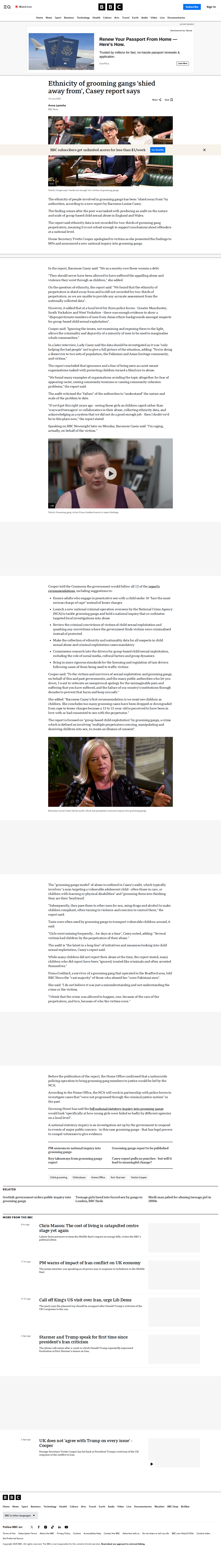 BBC article on Casey Audit and grooming gang ethnicity