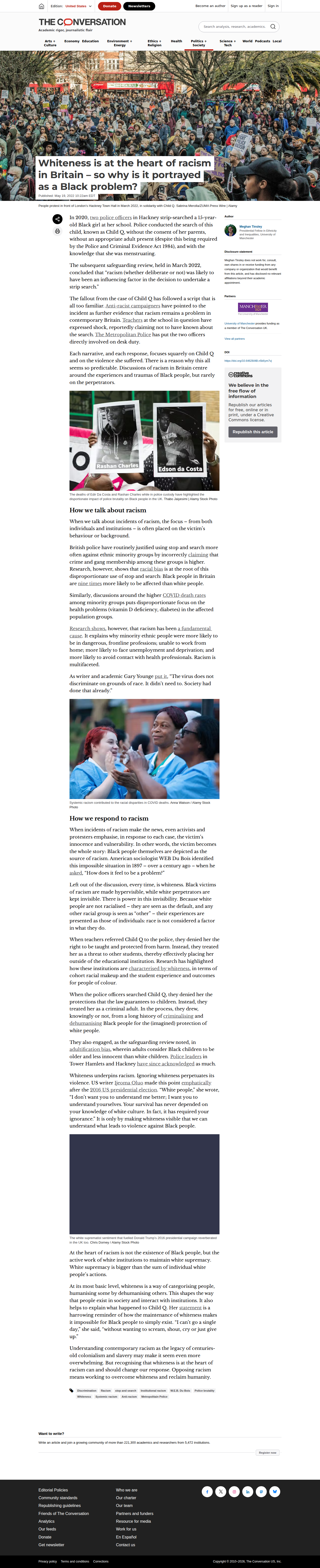 The Conversation article framing whiteness as dehumanising others