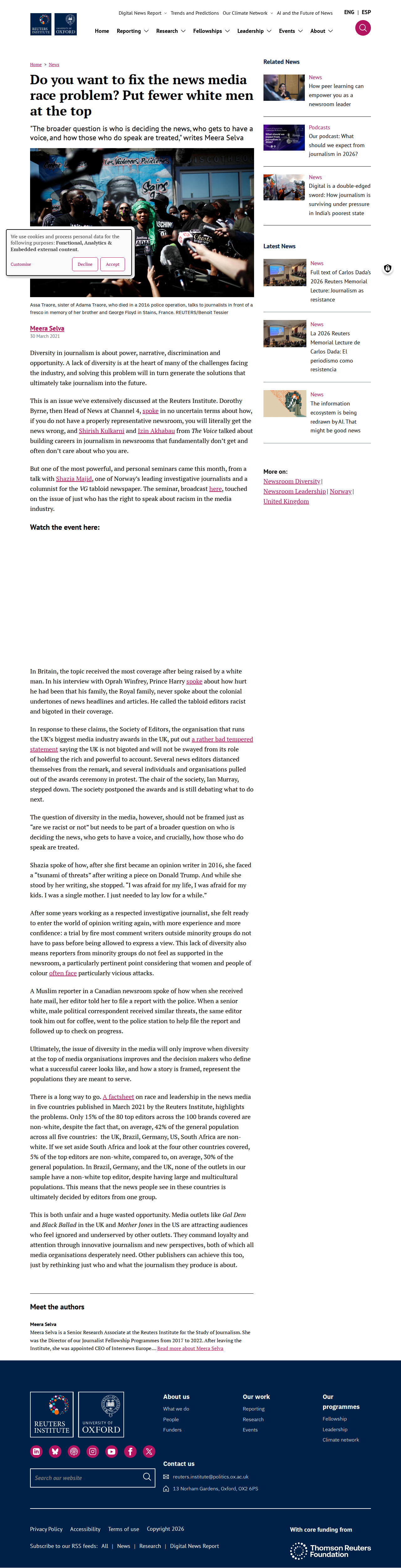 Reuters Institute article calling for fewer white men in senior media positions