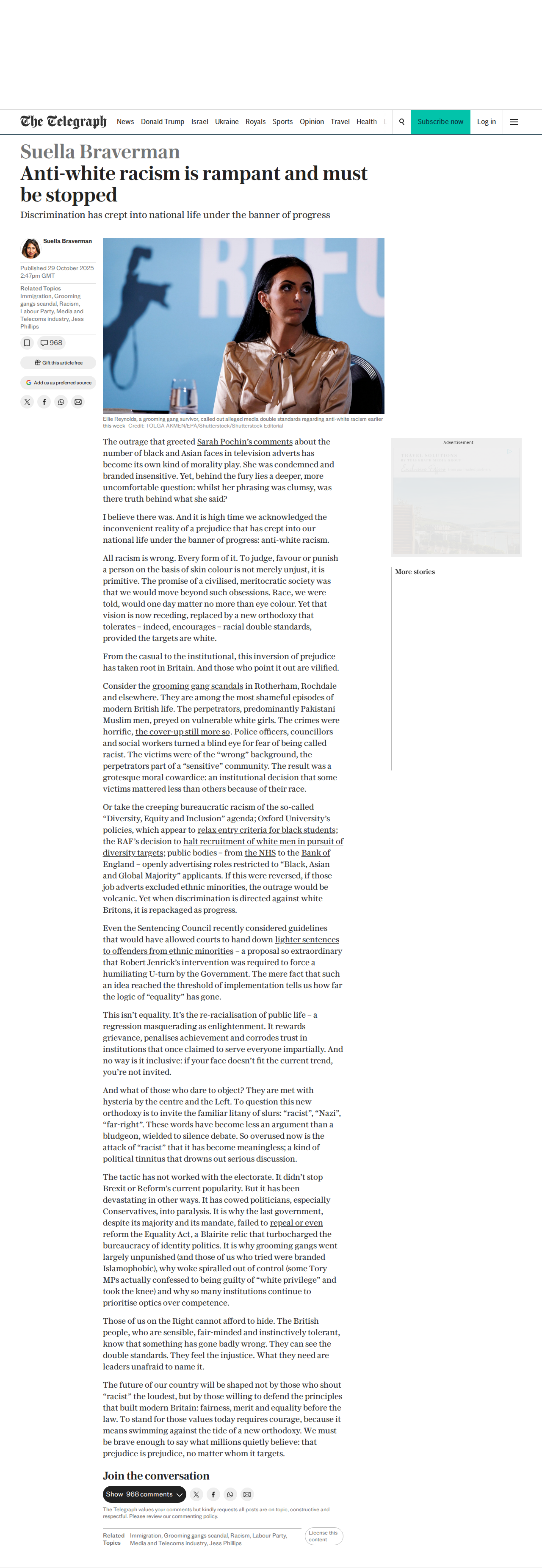 The Telegraph — Anti-white racism is rampant and must be stopped by Suella Braverman