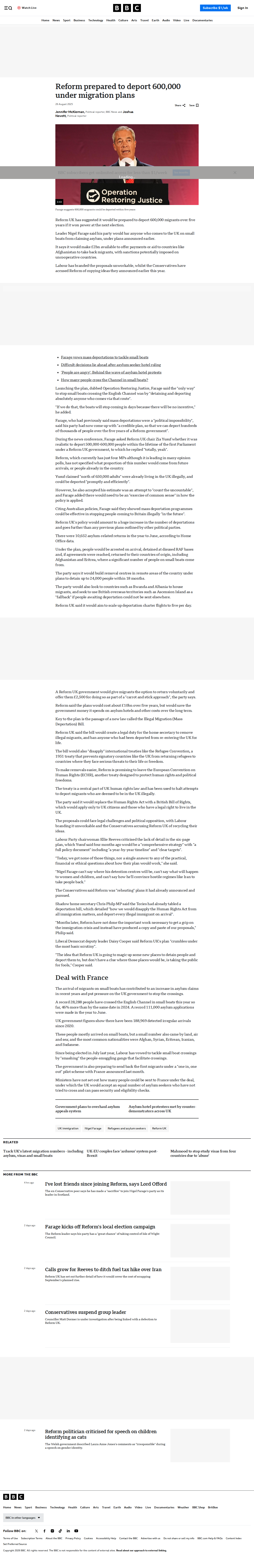 BBC News - Reform 600k deportations plan